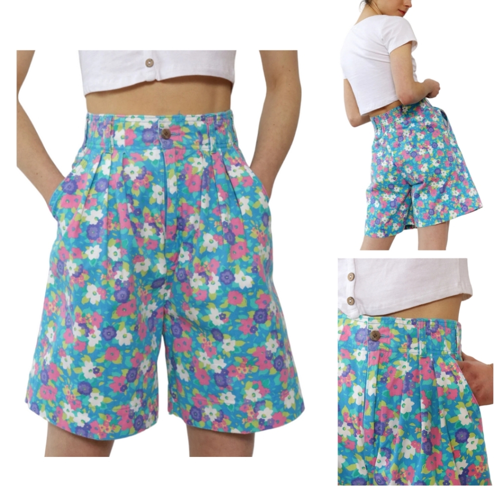 VINTAGE High Waist Blue Floral Long Short Perfect for Summer Festivals and Beach